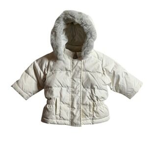 VINTAGE Baby Gap White Down Puffer Jacket Faux Fur Hood 6-12 Months Winter Coat
